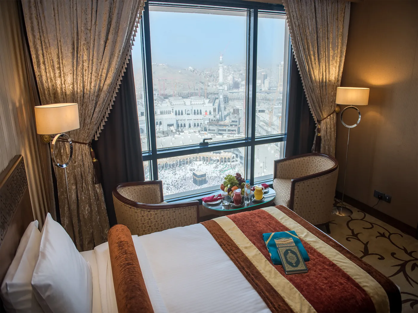 Hotel room window looking straight onto the Kaaba